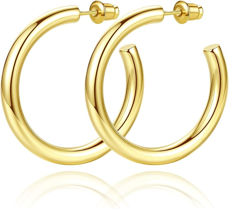 14K Gold Plated Hoop Earrings for Women Chunky Hoop Earrings for Women Thick Lightweight Earrings... | Amazon (US)