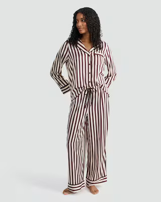 F&F CoolEase™ Satin Stripe Print Revere Pyjamas in Cream | Tesco F&F