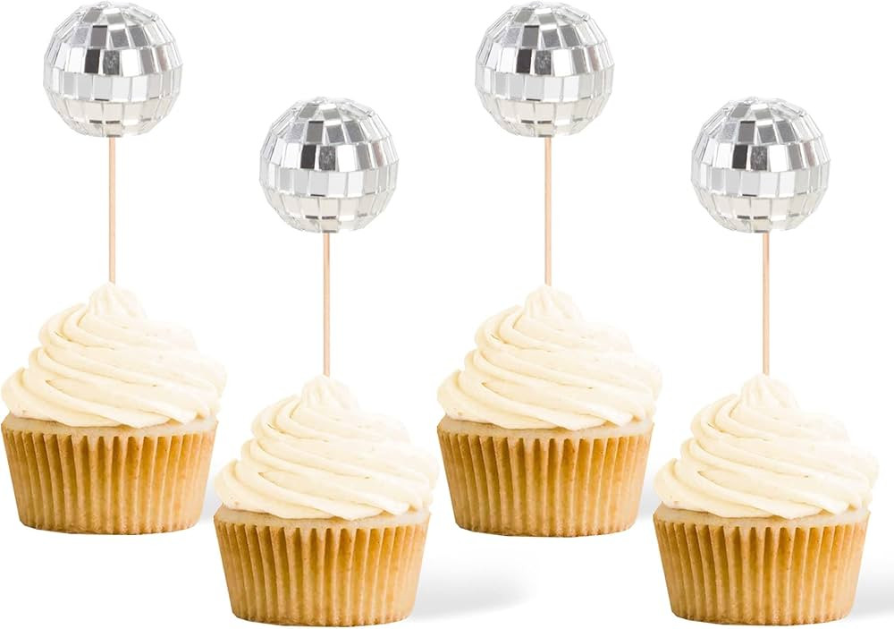 Gexolenu 24 Pcs Disco Ball Cupcake Toppers, NO DIY Silver Disco Ball Cupcake Picks Christmas Cent... | Amazon (US)