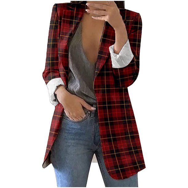 Womens Plaid Shacket Blazer Jacket Trendy Color Block Long Sleeve Draped Lapel Outwear Fall Casua... | Walmart (US)