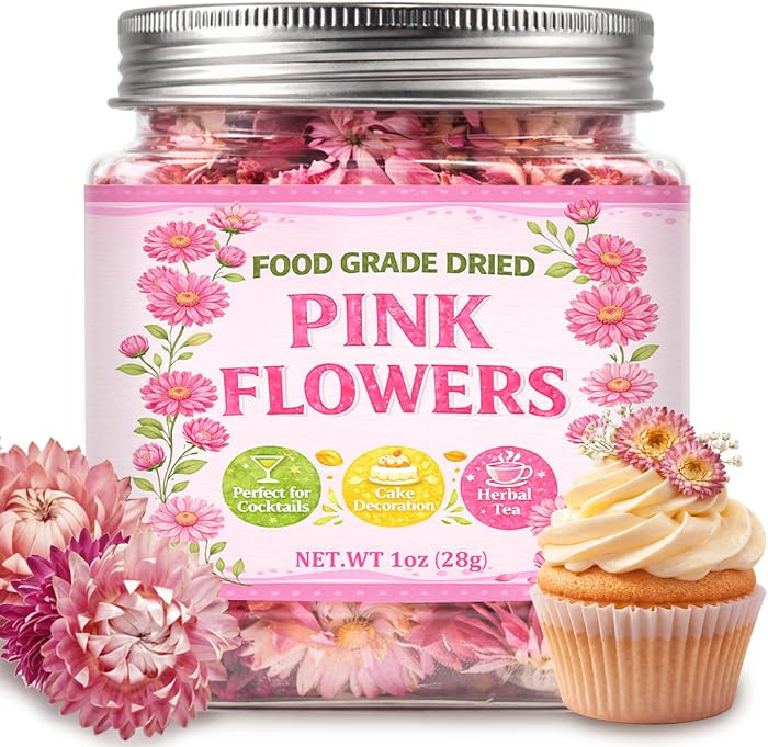 50+ Edible Dried Flowers for Cake Decorations - Food Grade Dried Pink Strawflower Blooms for Cock... | Amazon (US)