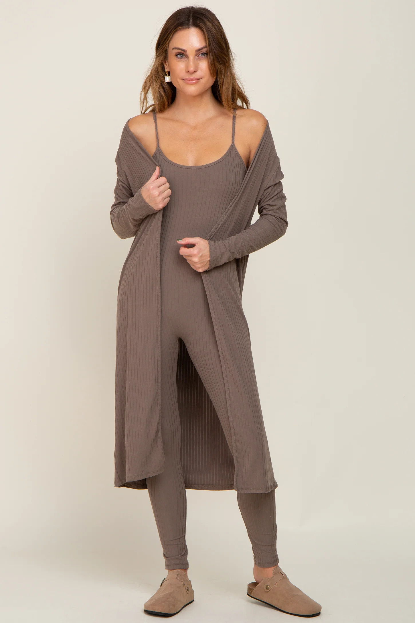 Mocha Ribbed Jumpsuit Two Piece Set | PinkBlush Maternity