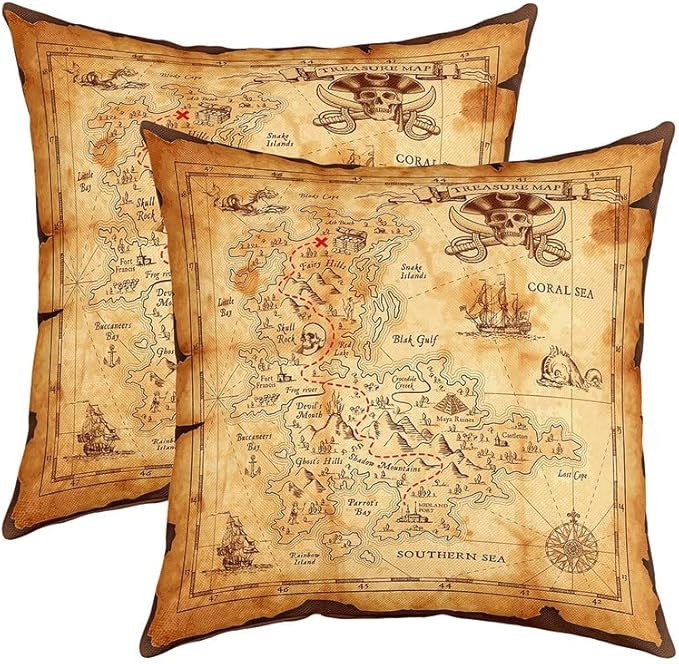 Feelyou Set of 2 Nautical Island Map Throw Pillow Covers, Old Map Pirate Ship Cushion Case for Ho... | Amazon (US)