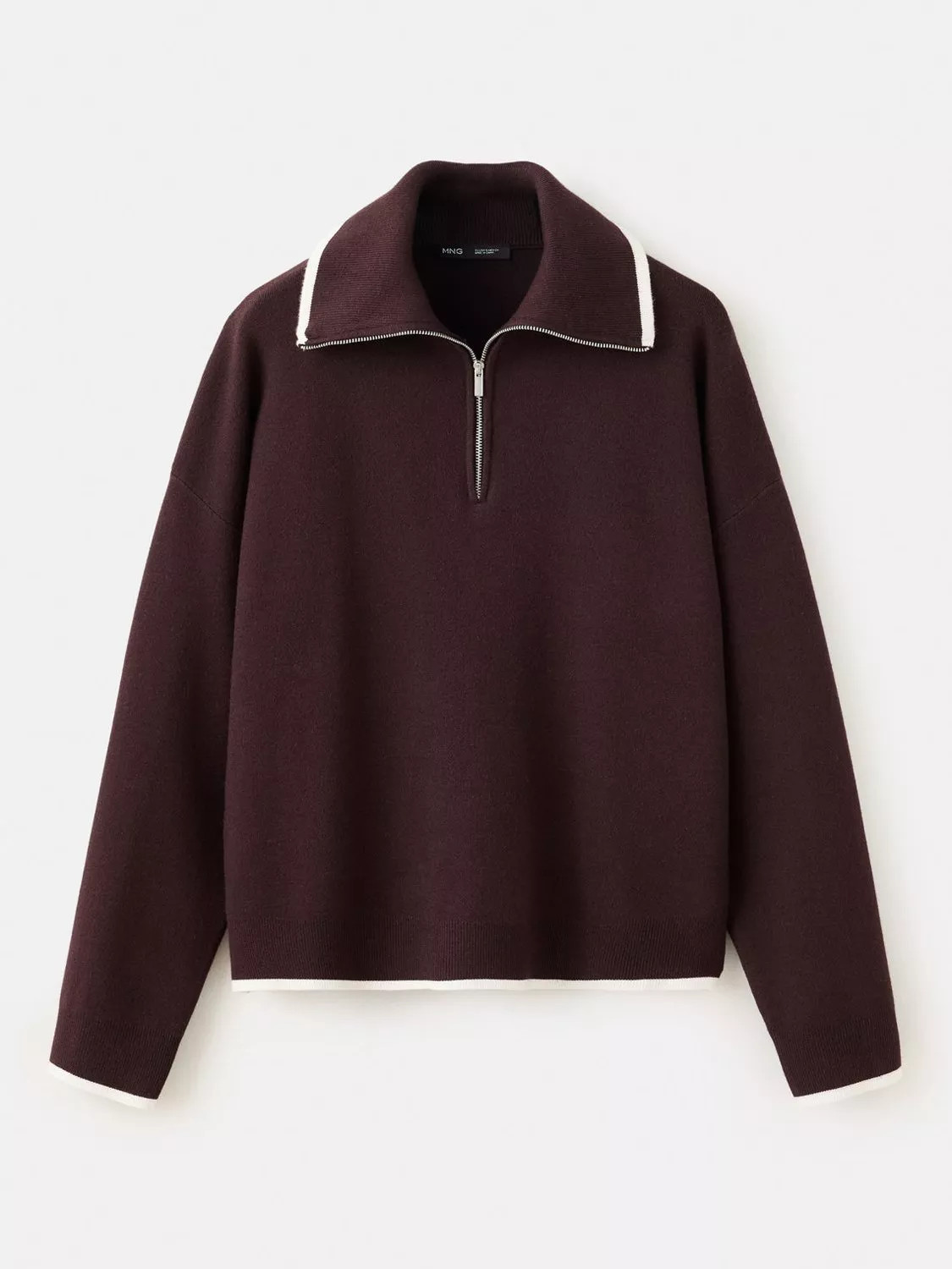 Mango Contrast Trim Zip-Neck Polo Jumper, Chocolate | John Lewis (UK)