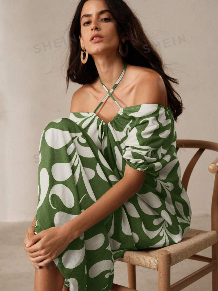 Anewsta Women's Plant Printed Off Shoulder Cross Halter Neck Dress | SHEIN