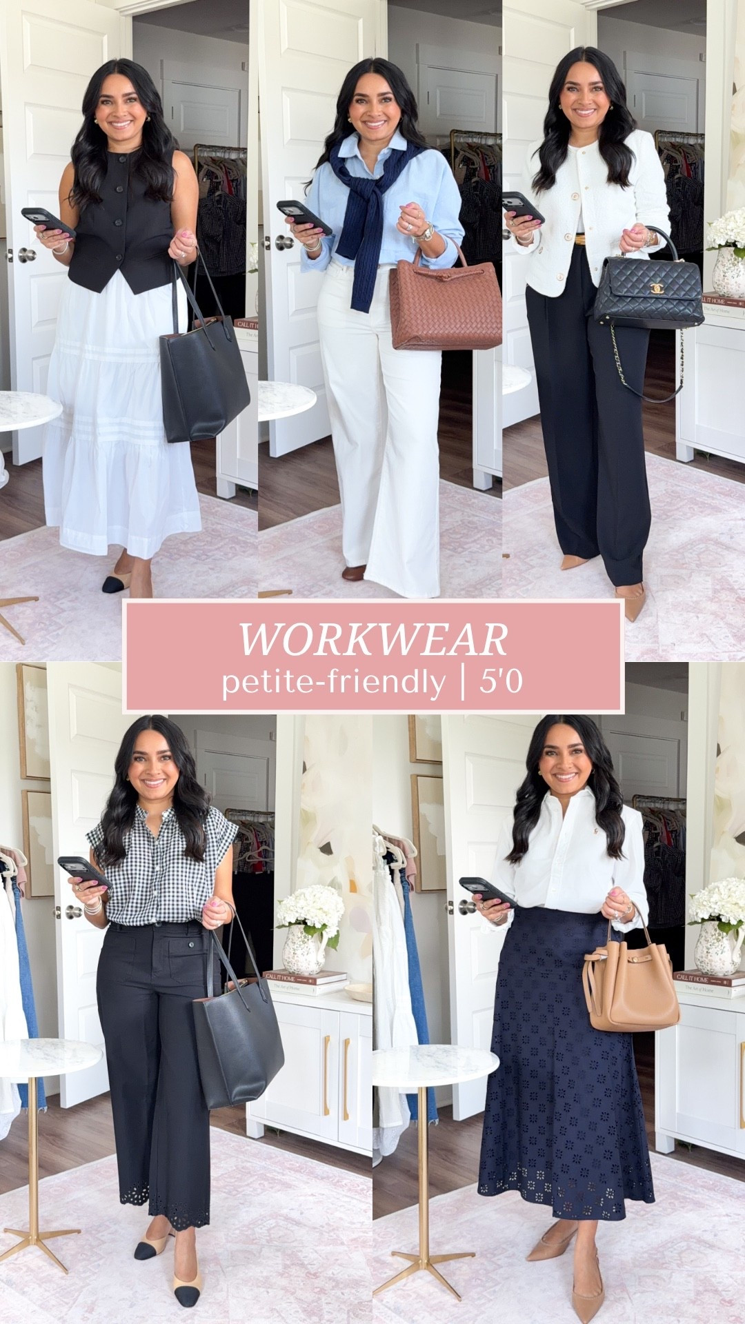 Summer Workwear Outfits!
For reference: I’m 5’0, petite, 32b bra size, and 2/26 in bottoms, pear shaped. 
*Everything I share is unaltered! TTS means true to size. Between size 5-6.5 in shoes

Black gingham top size xs petite - runs a little big, i could have sized downa  size
Black scalloped pants size 2 petite TTS
Cap toe heels are Chanel, similar linked

White button down size 2 - sized up a size
Navy eyelet skirt size 0 regular, sized down a size regular but does in come petite!
Tan heels - old, similar linked

White tweed jacket size xs TTS
Black pants size 2 petite - I have a little room in the waist
Tan heels - old, similar linked

Blue button down size xs TTS
Navy cardigan size xxs TTS
Ecru jeans size 26 petite TTS
Brown flats size 5 TTS

Black vest size 0 petite TTS
White skirt size xs TTS
Cap toe heels are Chanel, similar linked


Business casual workwear
Office outfits
Summer workwear
Petite style

#LTKWorkwear #LTKPetite #LTKSaleAlert