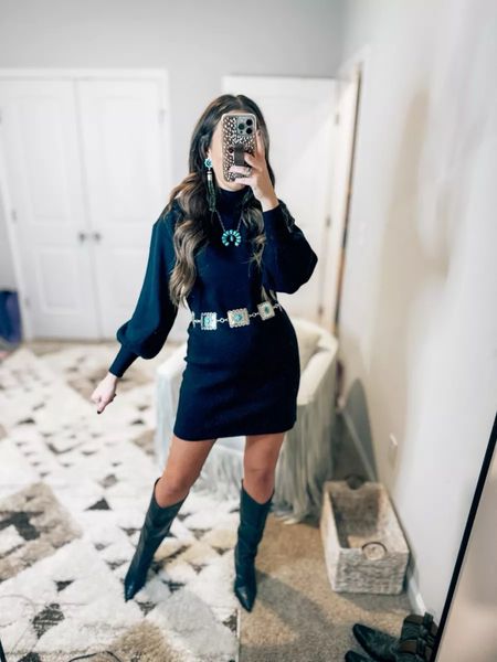 Black sweater dress outfit idea but make it western chic. Love this as a winter country concert outfit, a winter Nashville outfit, a rodeo outfit, or just for a trendy casual winter outfit!
3/26

#LTKshoecrush #LTKfindsunder100 #LTKstyletip