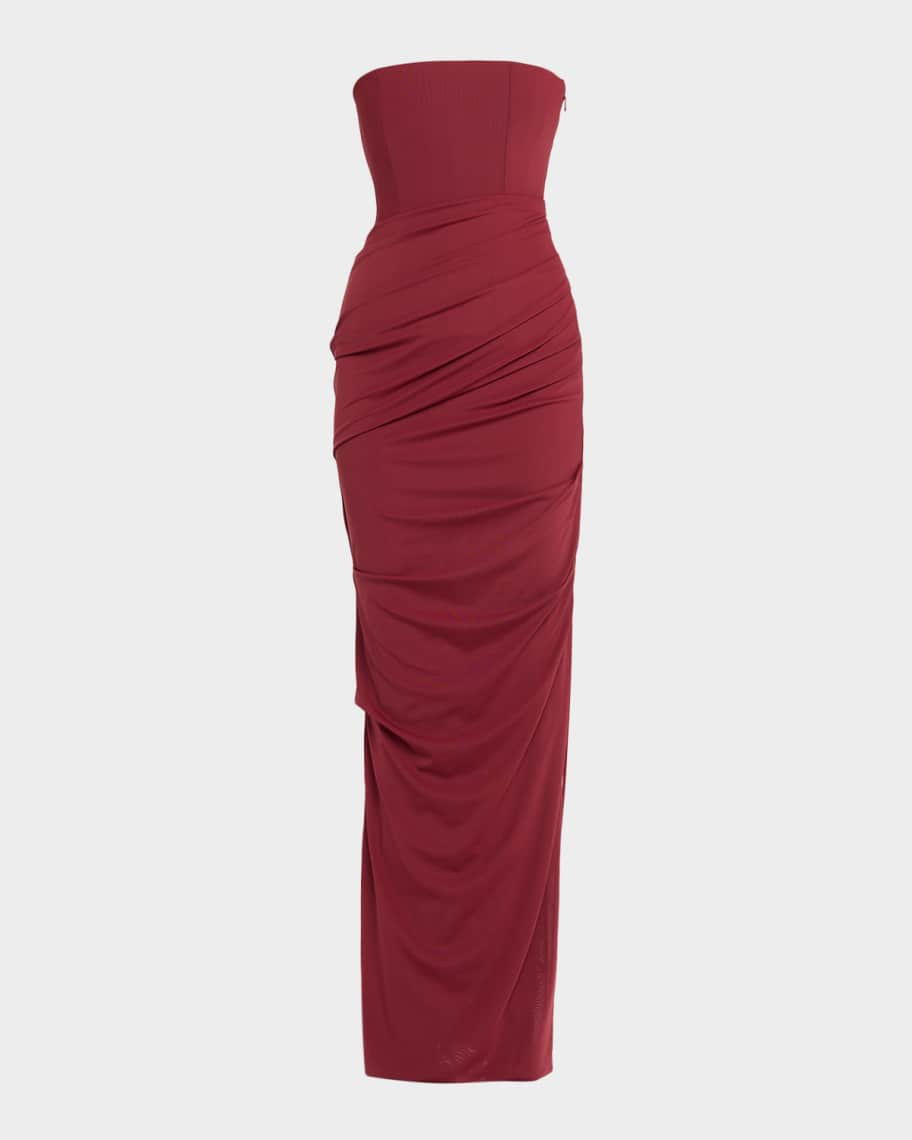 Alex Perry Strapless Tucked Stretch Mesh Column Gown | Neiman Marcus