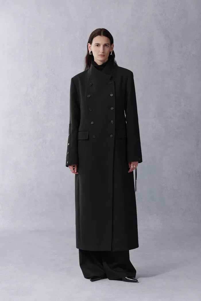 Artemise Long Wool Coat in Structured Merino Wool Twill | Fabrique