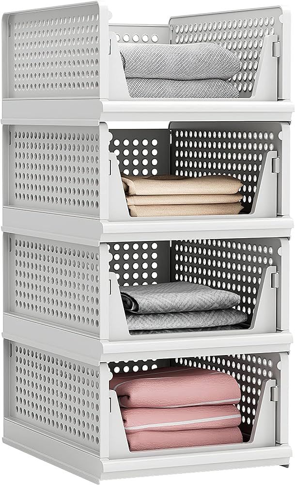 4 Pack Stackable Plastic Storage Basket Closet Organizer Bin Foldable Clothes Organizer Storage D... | Amazon (US)