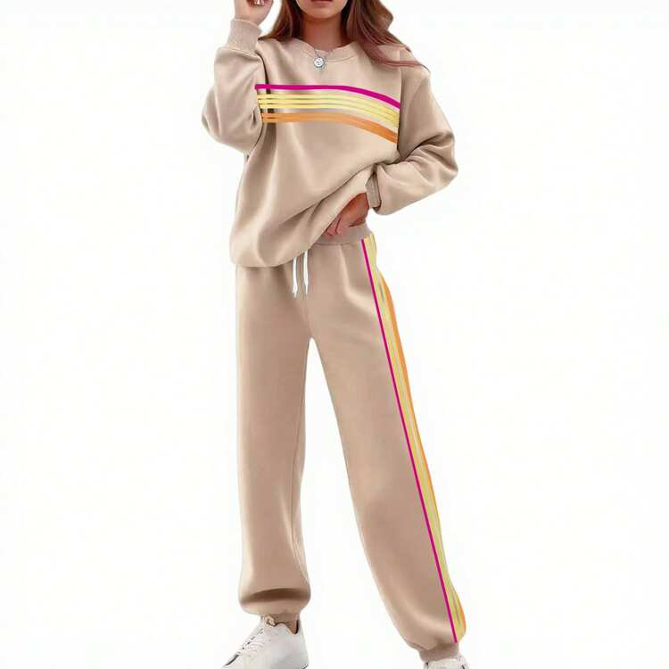 Women 2 Piece Lounge Set Rainbow Striped Sweatshirt High Waist Sweatpants Color Blocked Suit Matching Sweatsuit | SHEIN