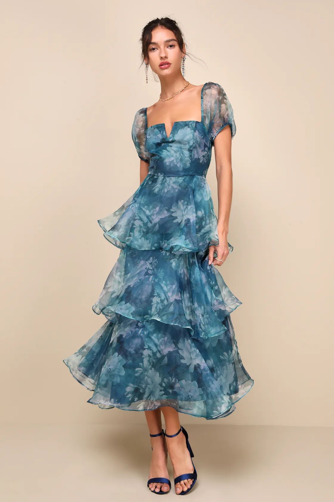Darling Vision Teal Floral Organza Puff Sleeve Tiered Midi Dress | Lulus