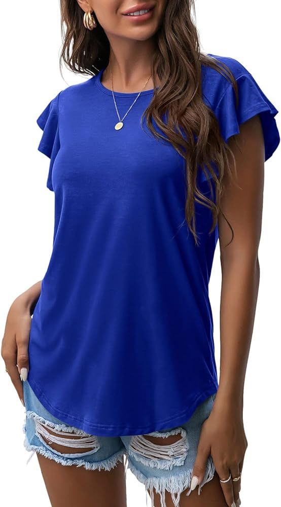 PrinStory Summer Tops Knit Shirts Casual Ruffle Short Sleeve Top Round Neck Tunic Tank Tops Tee Blou | Amazon (US)