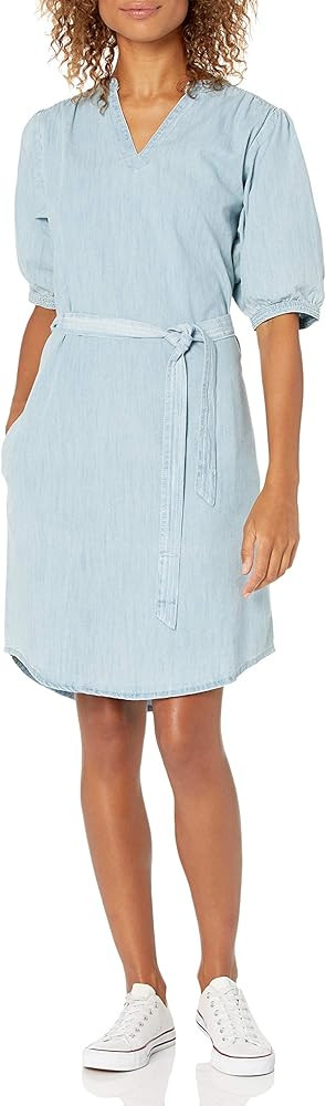 Amazon Brand - Goodthreads Women's Denim Puff Sleeve V-Neck Tie Waist Dress | Amazon (US)