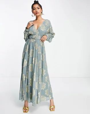 ASOS DESIGN belted batwing maxi tea dress in metallic jacquard | ASOS (Global)