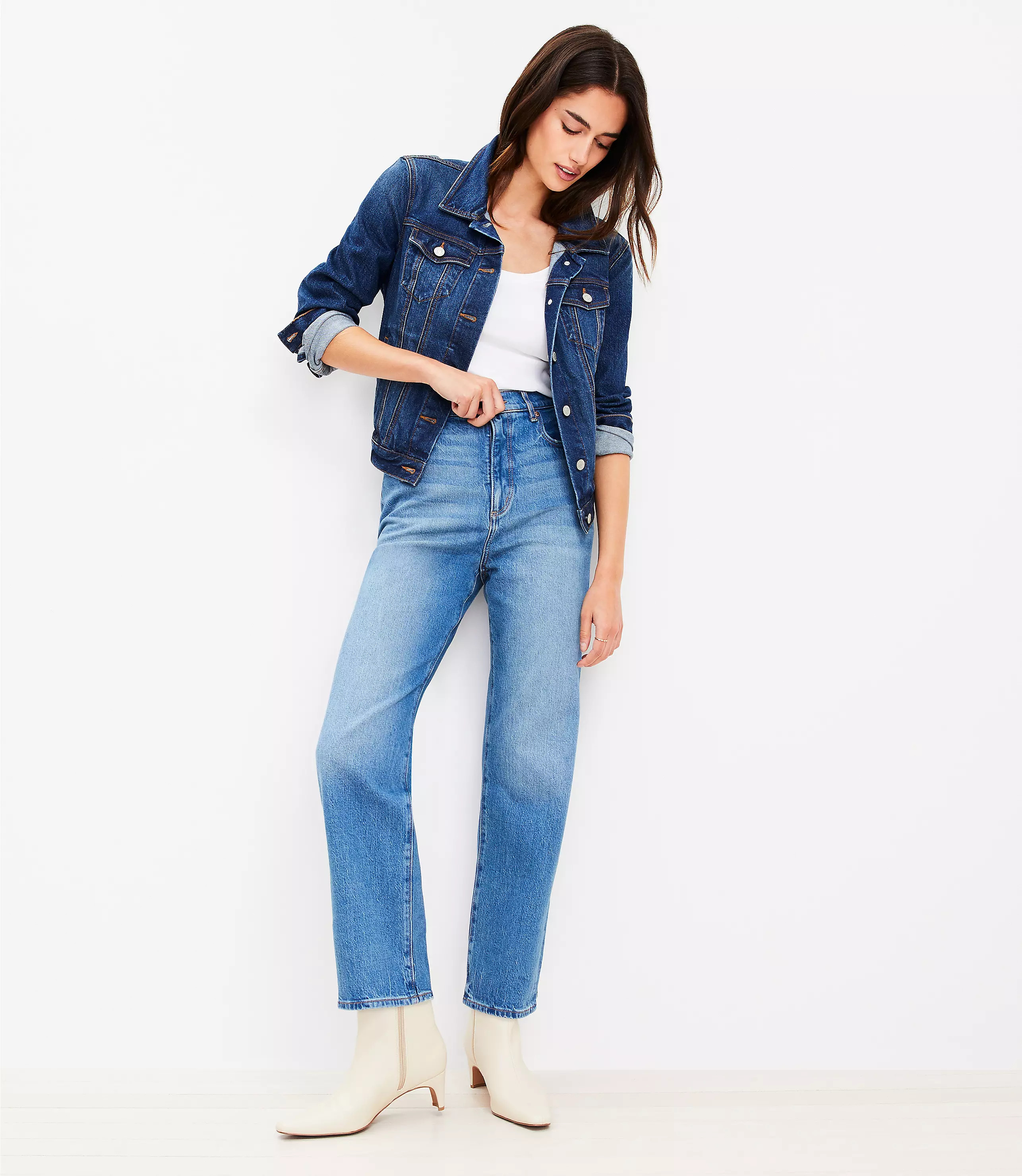 Petite High Rise Straight Jeans in Vintage Mid Indigo Wash | LOFT