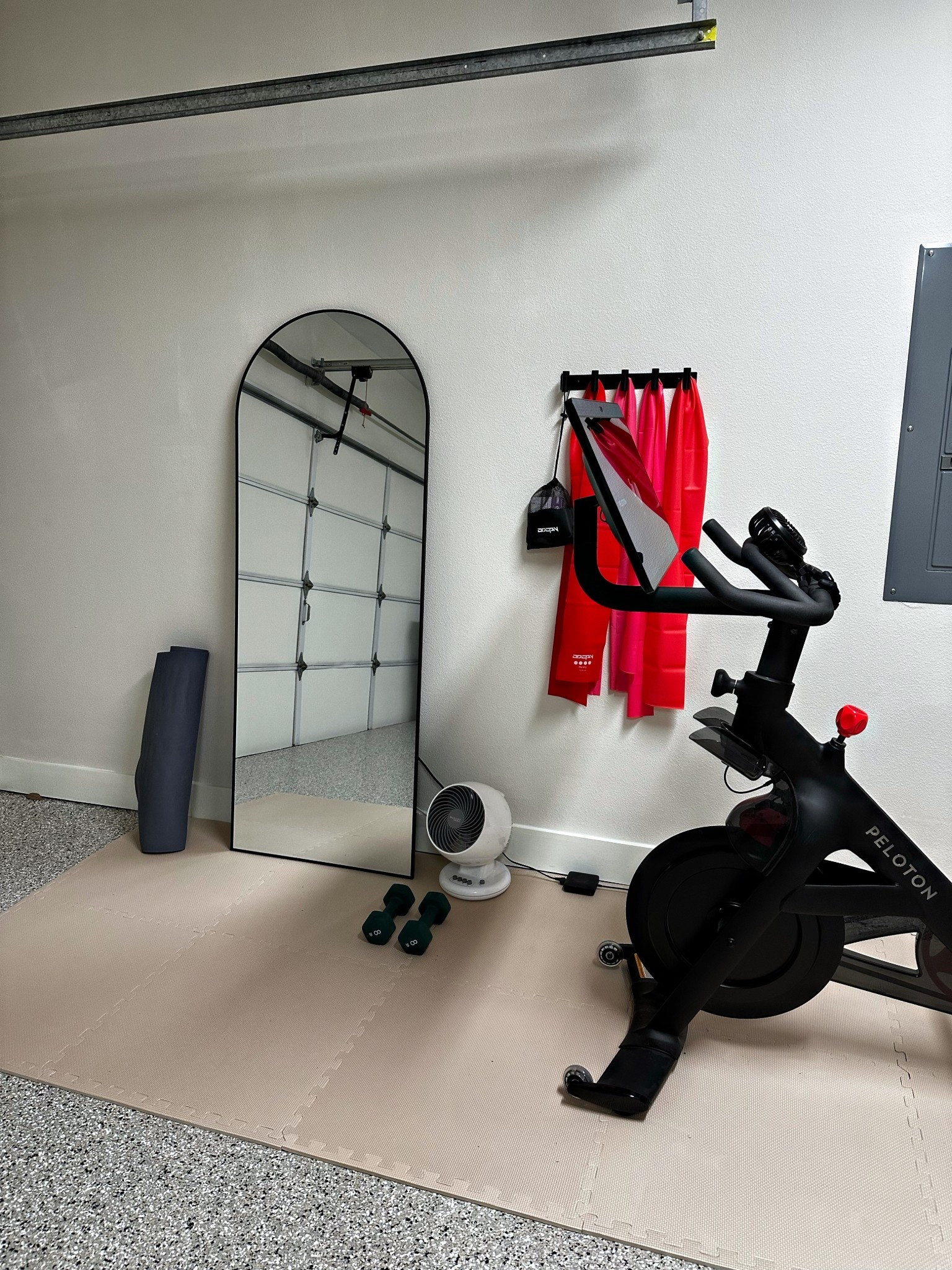 At home gym! Simple but does the trick with my peloton bike, a mirror, bands and a fan! 

#LTKHome