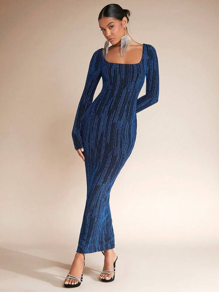 SHEIN BAE Square Neck Glitter Bodycon Dress | SHEIN