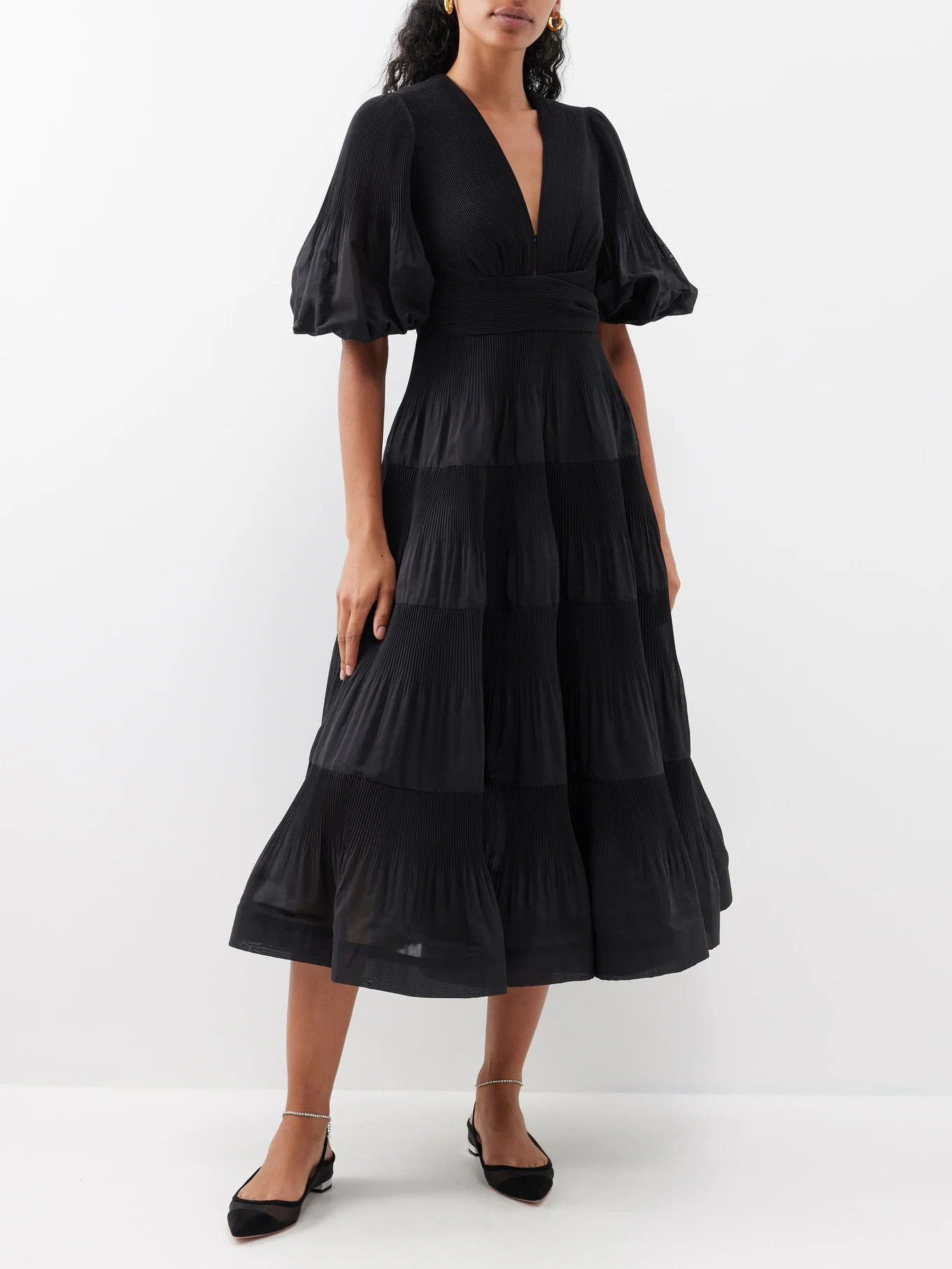 Balloon-sleeve plissé midi dress | Matches (EU)