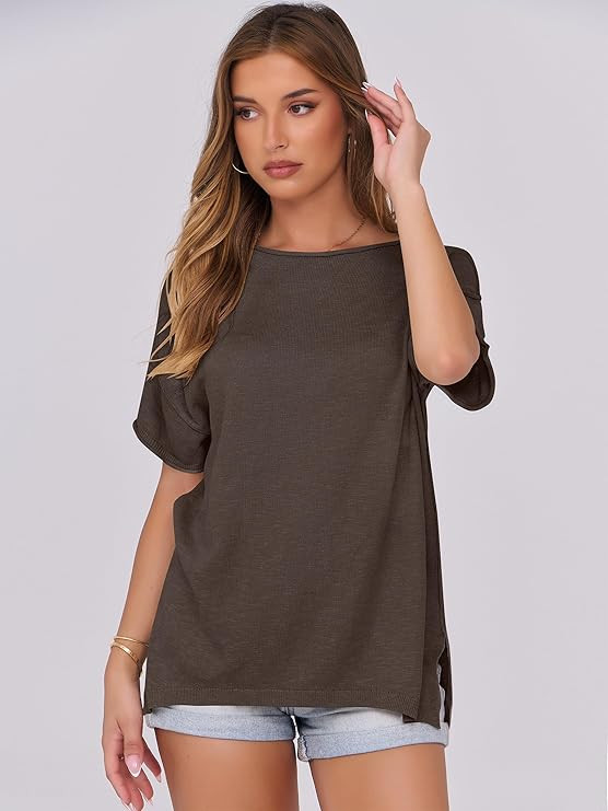 Caracilia Women Summer Lightweight Sweater Top Oversized Short Sleeve Drop Shoulder Seams Outside... | Amazon (US)