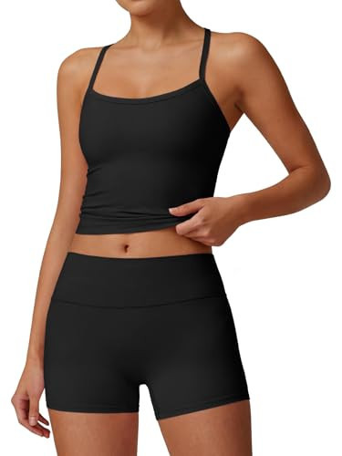 Aoysky Womens Buttery Soft 2 Piece Workout Sets High Waisted Booty Biker Shorts Halter Padded Tank Tops Pilates Athletic Sets | Amazon (US)
