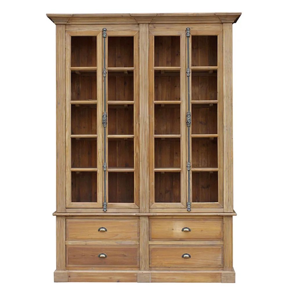 Dustin French Country Brown Reclaimed Wood 4 Drawer Closed Back Bookcase | Kathy Kuo Home