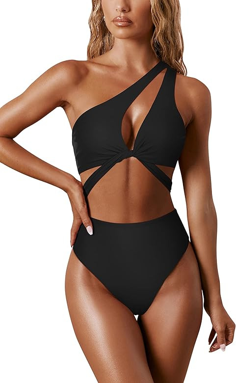 RUUHEE Women Bikini Set One Shoulder Cutout Deep V Neck Lace Up 2 Piece Bathing Suit | Amazon (US)