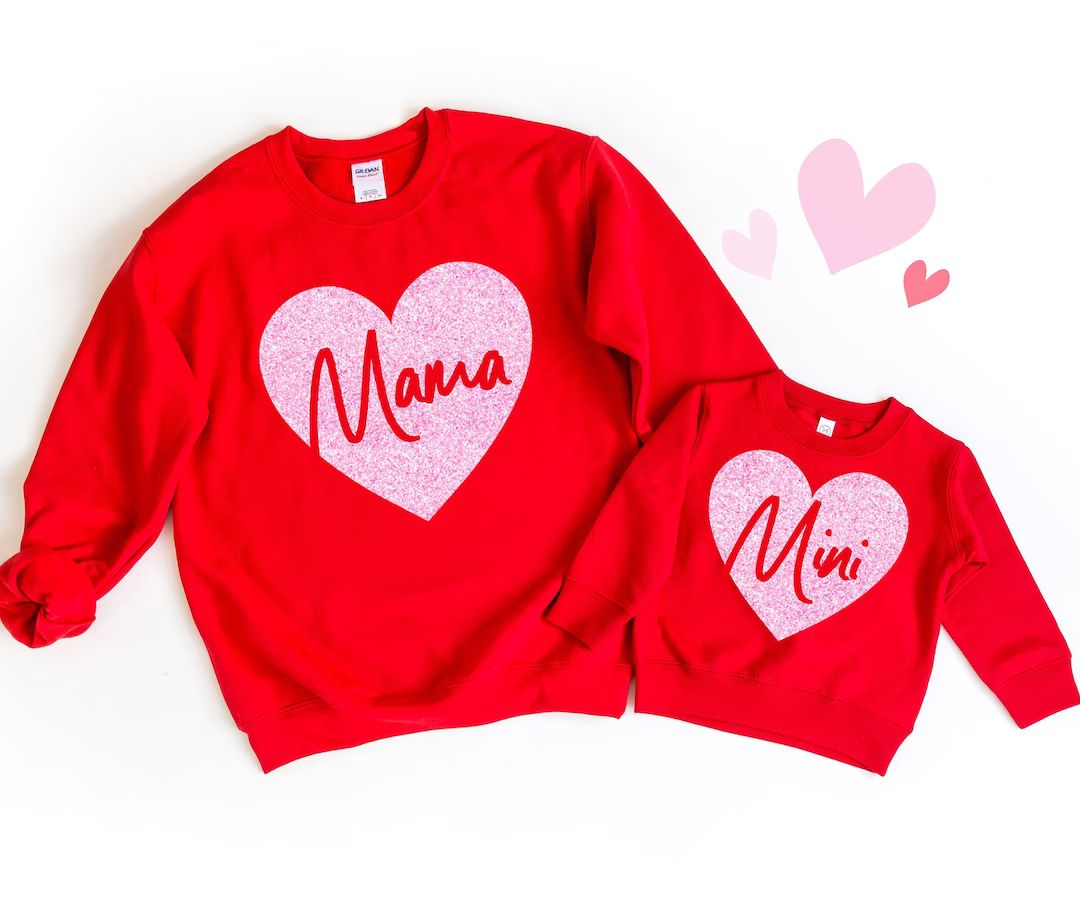 Mama and Mini Glitter Heart Valentines Sweatshirt Mommy and Me - Valentines Matching Sweatshirts ... | Etsy (US)