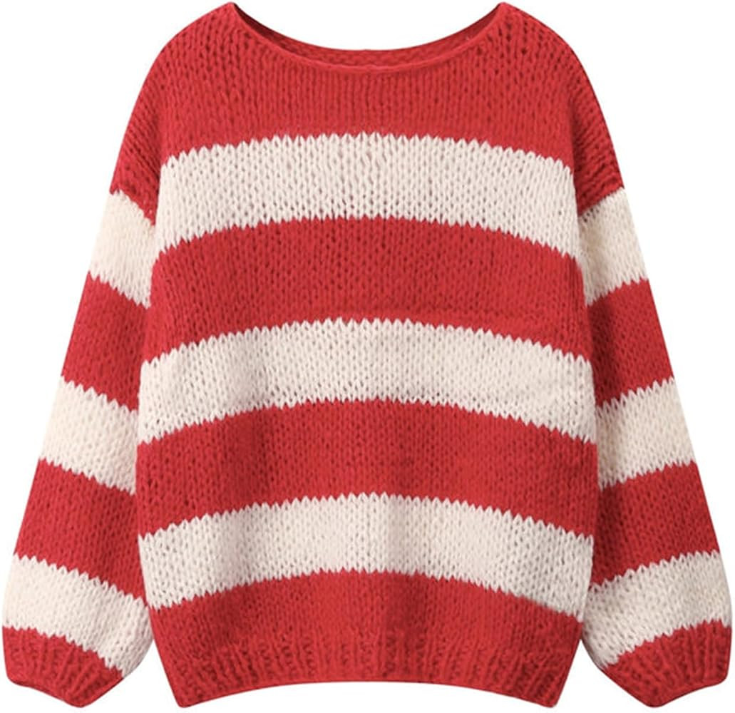 Women's Knit Striped Sweater Oversized Color Clock Long Sleeve Crewneck Pullover Jumpers Cute Tre... | Amazon (US)