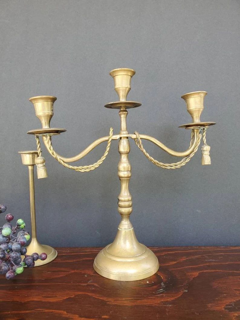 Vintage brass Candelabra Rope tassel design - Brass Candlestick Holder | Etsy (US)