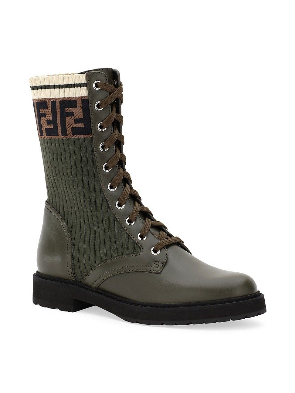 Fendi Women's Rockoko Knit Leather Combat Boots - Military Olive - Size 6 | Saks Fifth Avenue