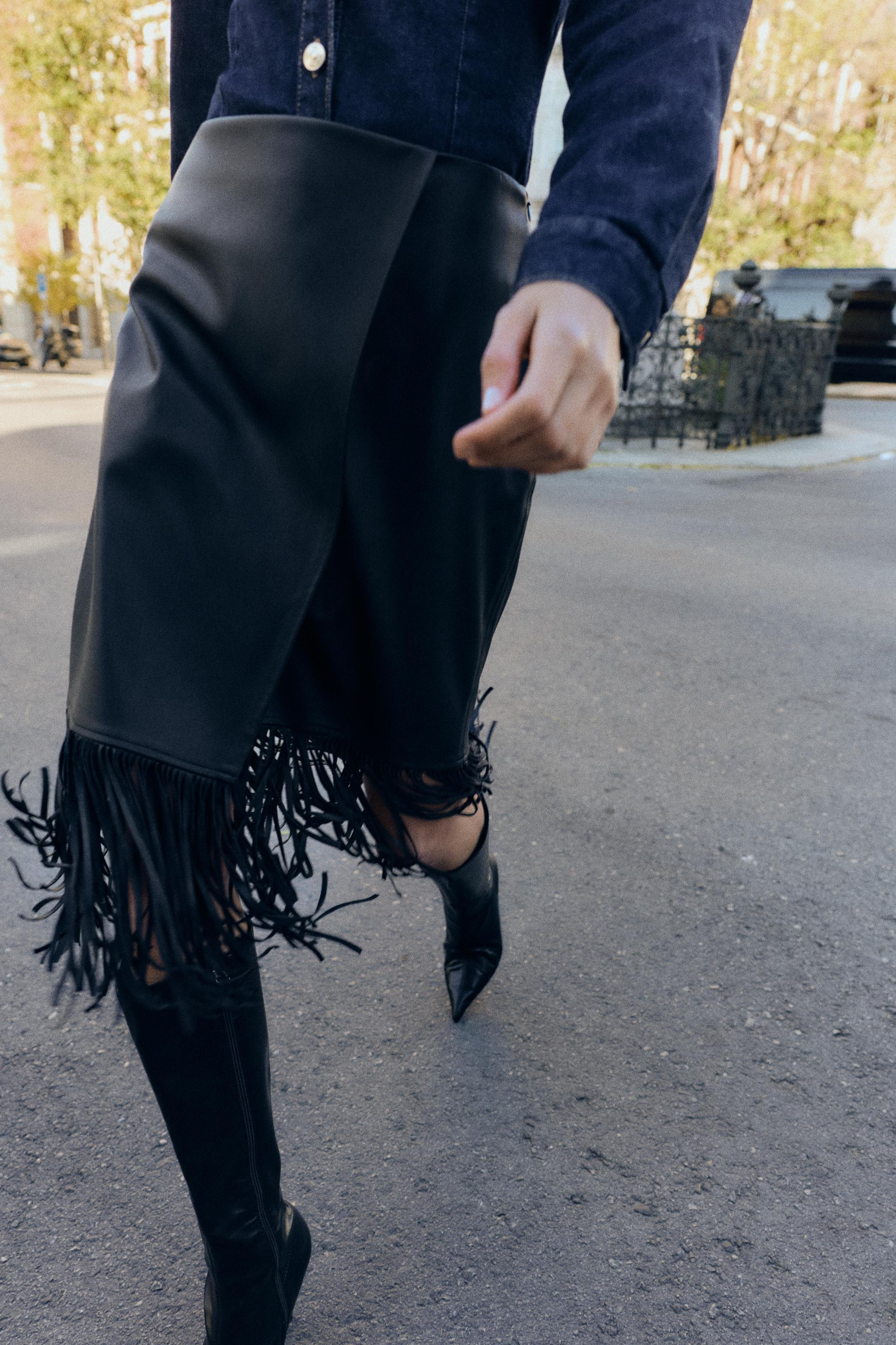 FAUX LEATHER FRINGED MIDI SKIRT | Zara US