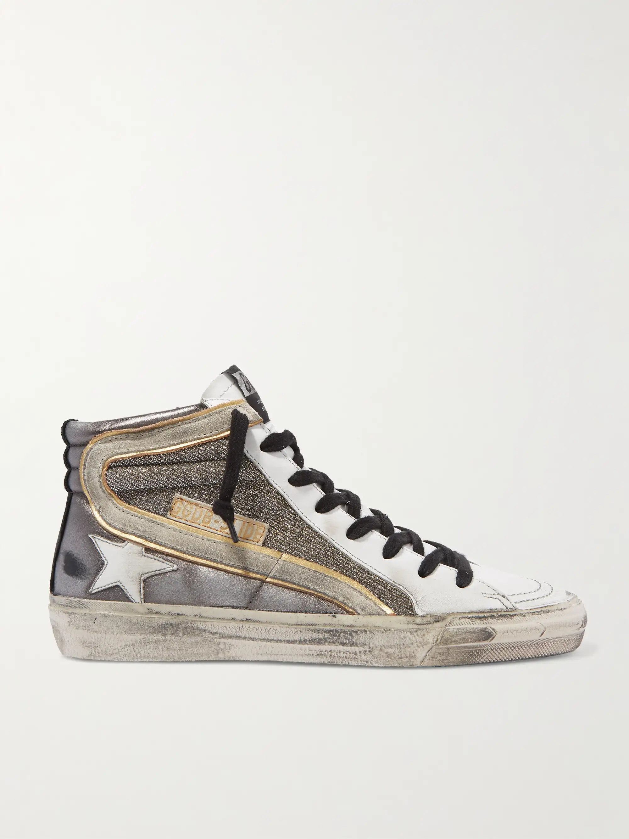 GOLDEN GOOSE Slide distressed suede-trimmed leather and Lurex high-top sneakers | NET-A-PORTER | NET-A-PORTER (US)