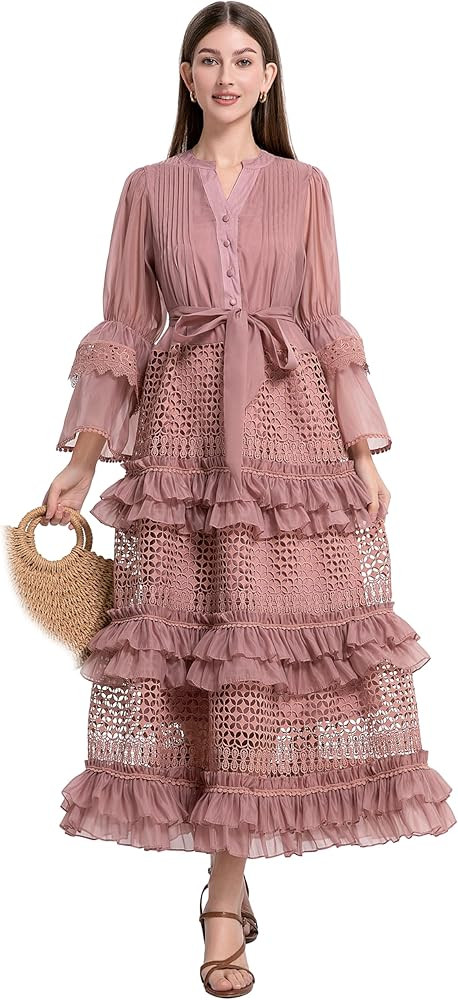 LAI MENG FIVE CATS Women's Bell Sleeves V-Neck Buttons Ruffle Layered Hem Hollow Princess Dress w... | Amazon (US)