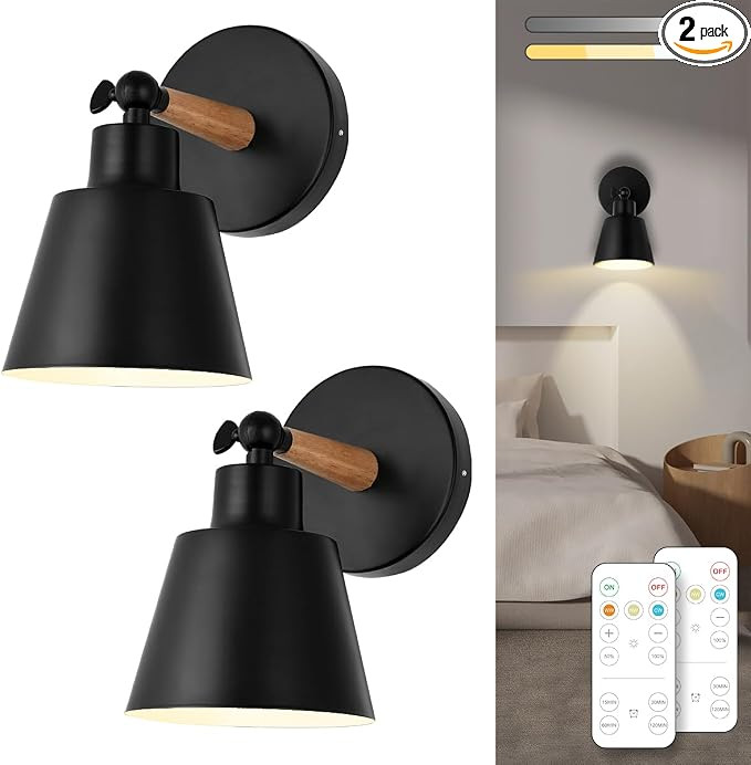 Black Battery Operated Wall Sconce Set of Two, Easy to Install Wireless Lights for Wall, Remote C... | Amazon (US)