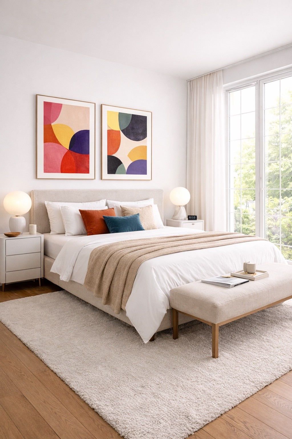 Modern minimalist bedroom featuring colorful abstract wall art above a soft neutral bed, cozy textured rug, and clean Scandinavian-inspired decor. The warm wood accents, simple bedside lamps, and bright natural light create a calm and stylish space perfect for modern homes. Ideal inspiration for contemporary bedroom decor and minimalist interior lovers.

#bedroomdecor #modernbedroom #minimalistbedroom #scandinavianinterior #colorfulwallart #bedroominspiration #pinteresthome #ltkhome #homedecorideas #interiordesign #neutraldecor #modernhome #cozybedroom #dreambedroom #interiorinspo