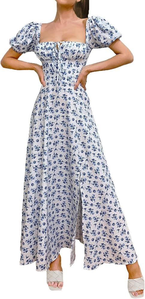 Women's Puff Sleeve Floral Maxi Dress Square Neck Cottagecore Boho Backless Beach Party Cute Long Su | Amazon (US)