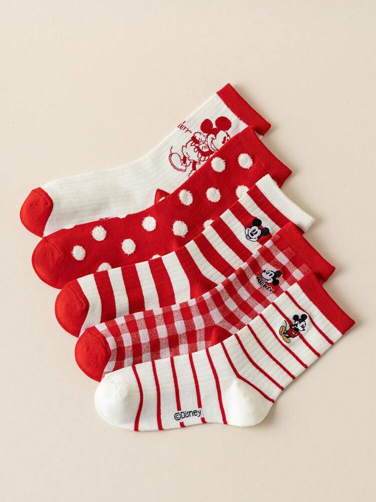 Disney 5/1 Pair Authentic Women's Socks, Embroidered Mickey Mouse, New Year Gift Socks, Cartoon C... | SHEIN