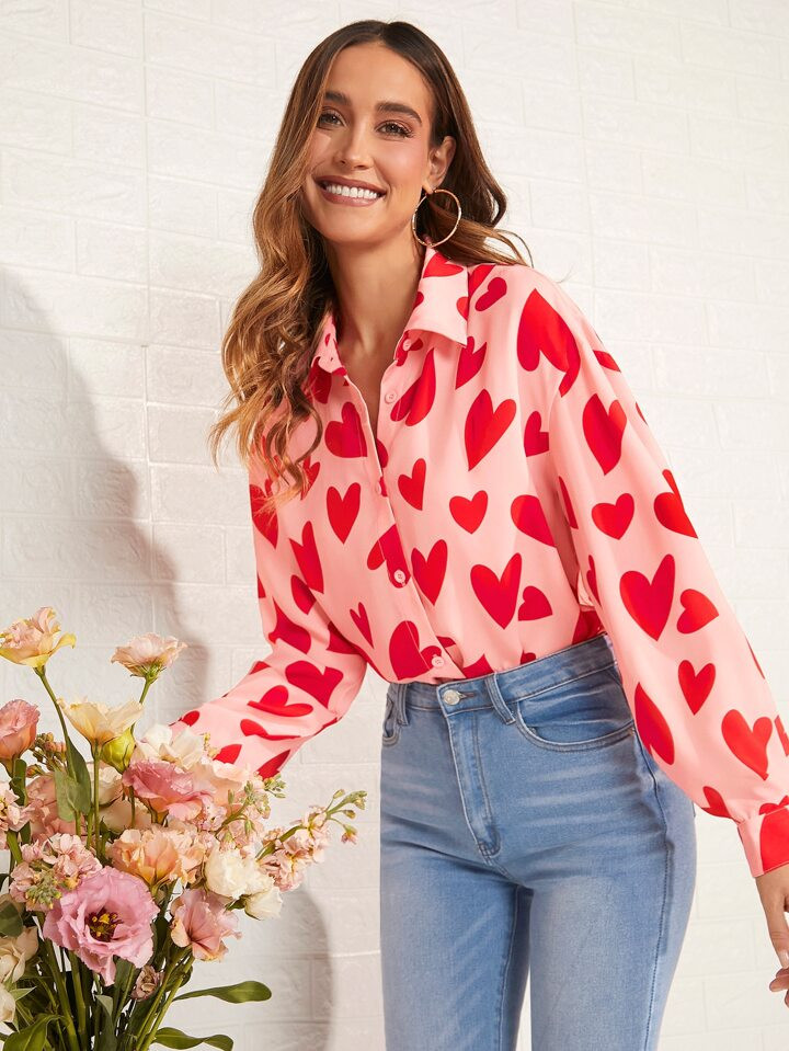 SHEIN Clasi Heart Print Drop Shoulder Shirt | SHEIN