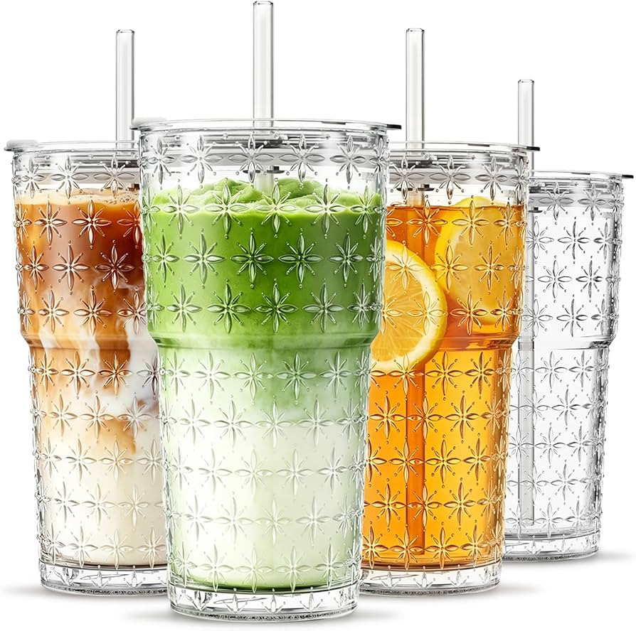 INSETLAN 20oz Sparkling Star Glass Tumblers with Lids and Straws, Set of 4, Thick-Walled Drinking... | Amazon (US)