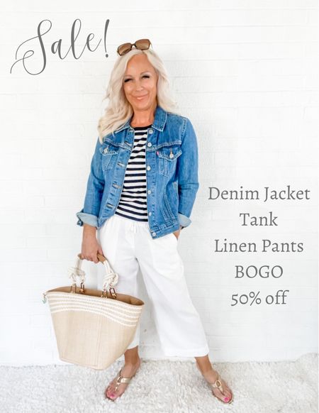 SALE! The denim jacket, striped tank, and linen pants are BOGO 50% off while the sandals are 20% off.

Nautical Outfit / Sailing Outfit / Coastal Casual / Coastal Grandmother / Over 40 / Over 50 / Petite

#LTKsalealert #LTKitbag #LTKSeasonal