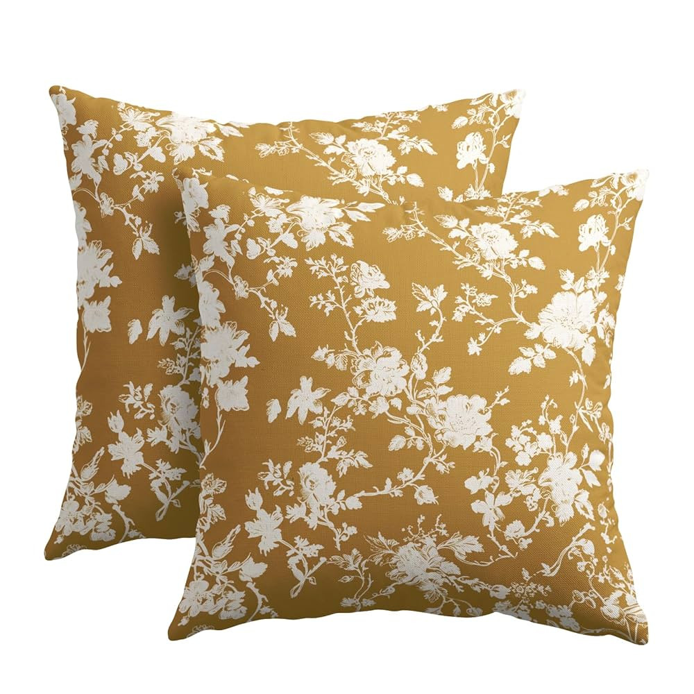 Kawani Vintage Floral Pillow Covers 16x16 Inch Set of 2 Rustic Mustard Yellow and White Outdoor D... | Amazon (US)