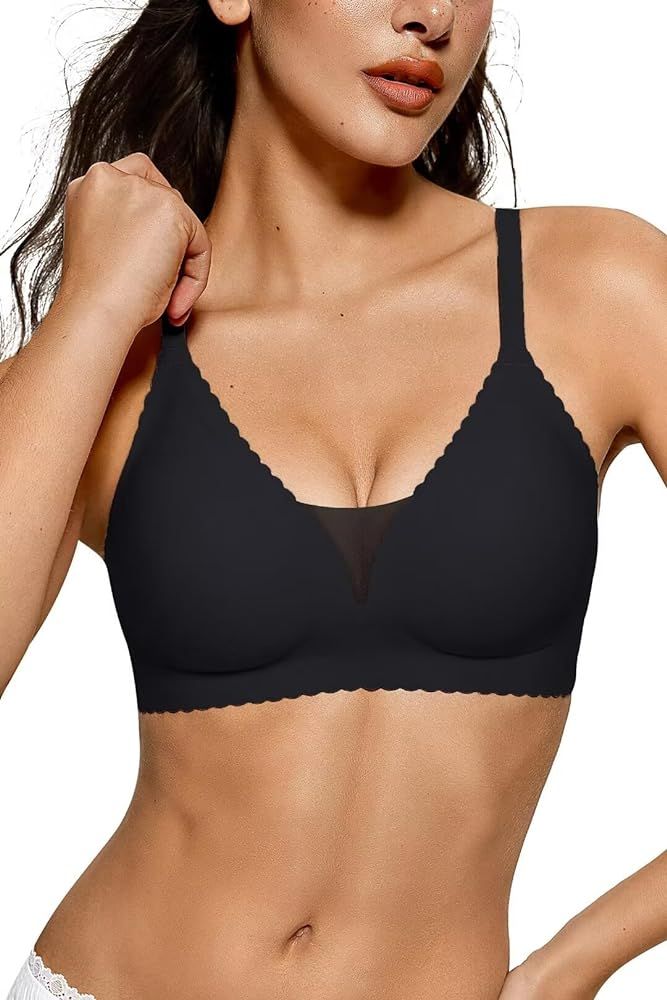 Vertvie Womens Seamless Wireless Bras No Underwire Comfortable Deep V Mesh Bralettes Push Up Bras... | Amazon (US)