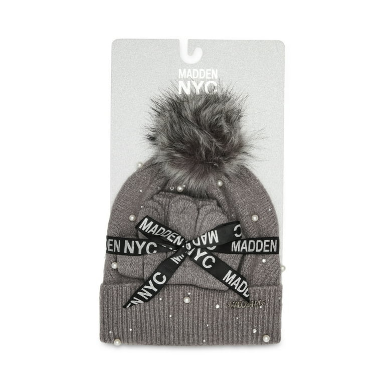 Madden Nyc Women's Faux Pearl Beanie And Gloves, 2-Piece Gift Set Grey | Walmart (US)