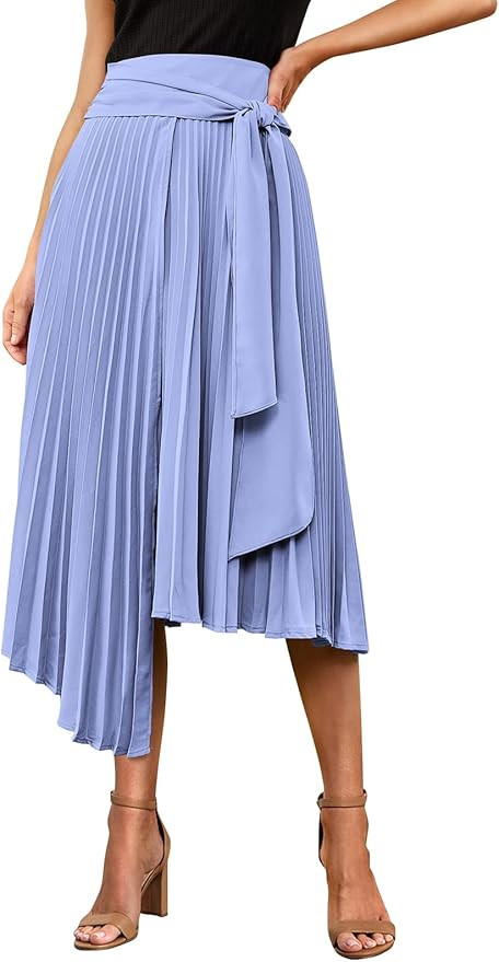 PRETTYGARDEN Women's High Waisted Midi Skirts Tie Front Ruffle Flowy Long Asymmetrical Pleated Su... | Amazon (US)