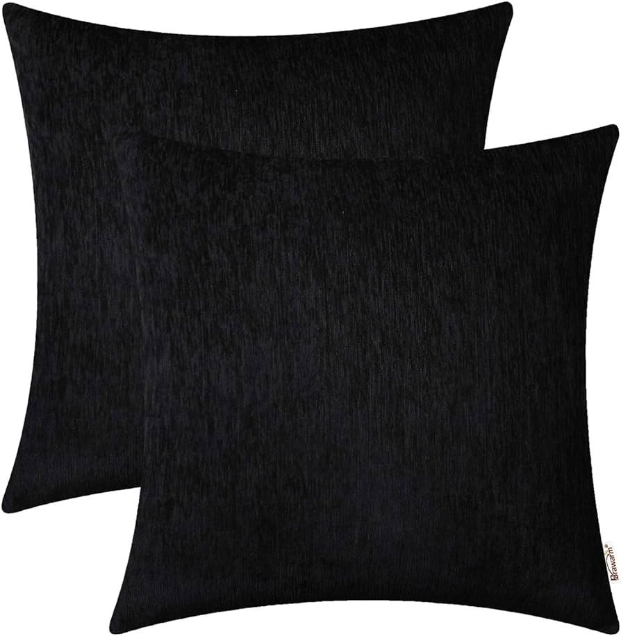 BRAWARM Chenille Throw Pillow Covers 20x20 Inches - Black Chenille Pillow Covers Pack of 2, Solid... | Amazon (US)