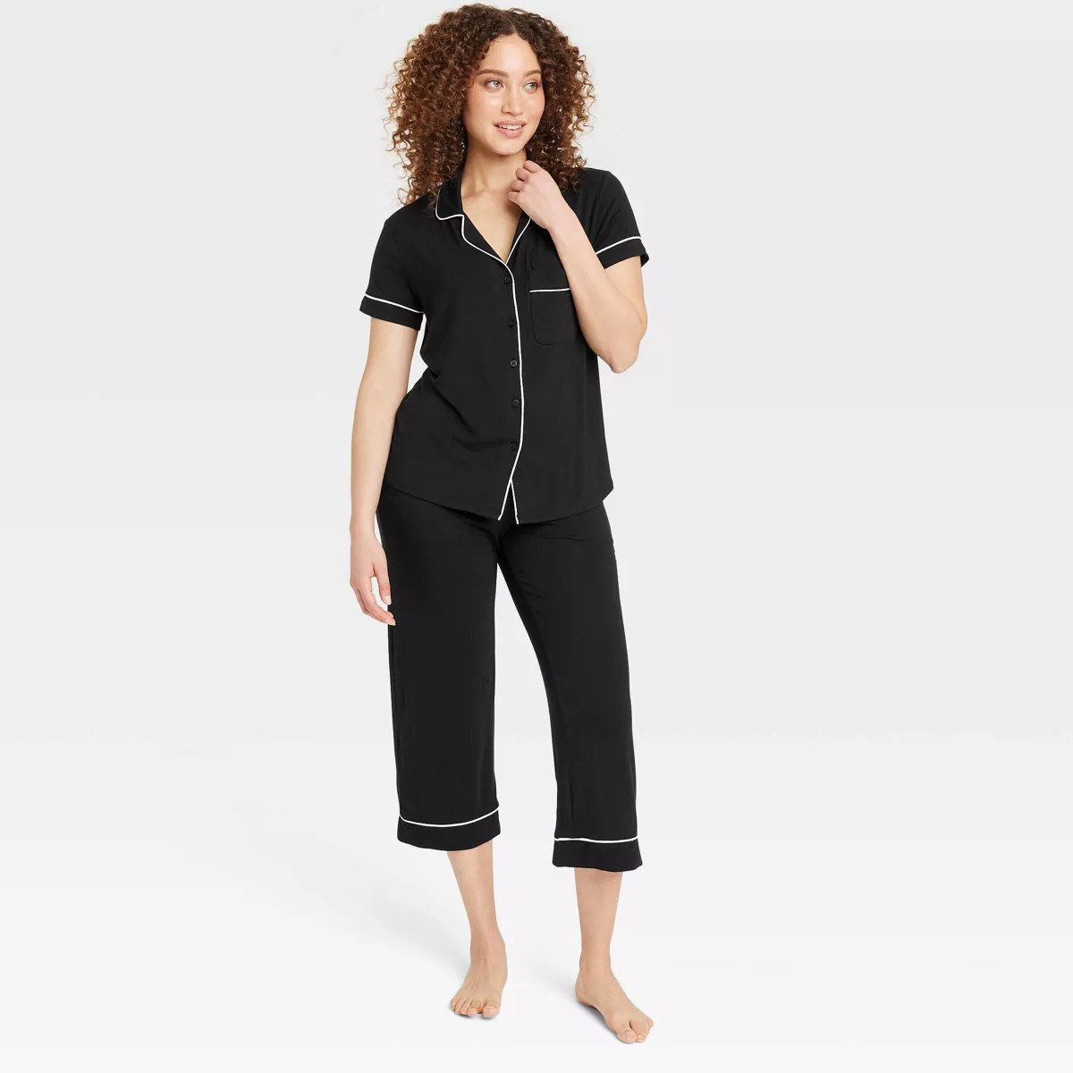 Women's Cloud Knit Short Sleeve Notch Collar Top and Cropped Pants Pajama Set - Auden™ | Target