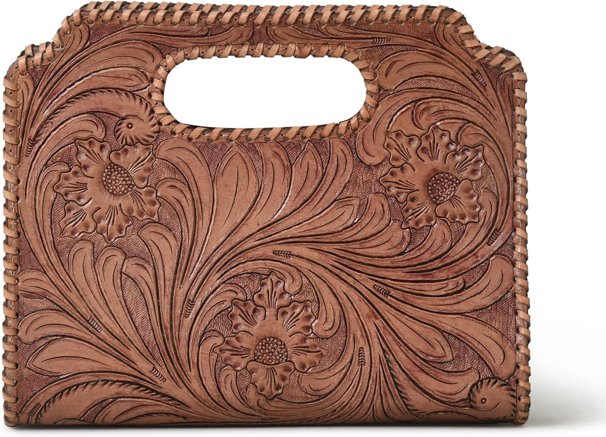 Western Handcrafted Leather Clutch Purse - Vintage Floral Design, Handmade Embossed Handbag for W... | Amazon (US)