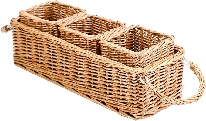3 Compartment Wicker Kitchen Flatware Storage Basket Utensil Holder with 3 Removable Storage Cups... | Amazon (US)