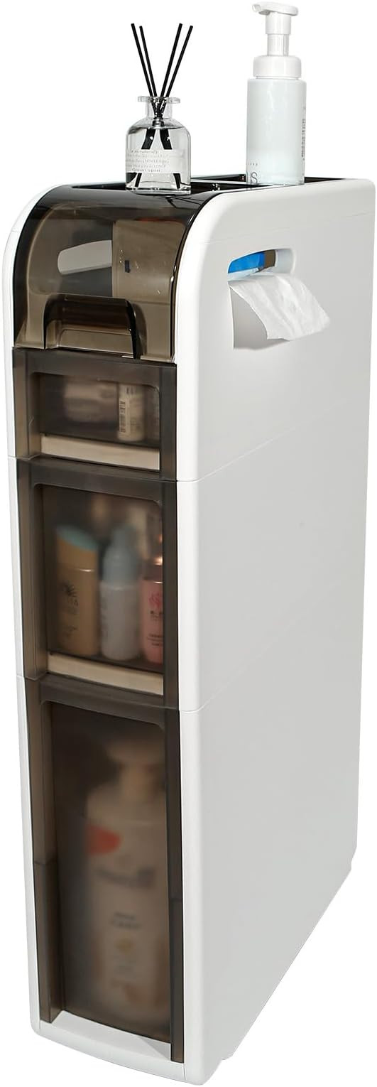 3-Tier Bathroom Floor Cabinet, Narrow Bathroom Storage Cabinet, Mobile and No Installation Requir... | Amazon (US)